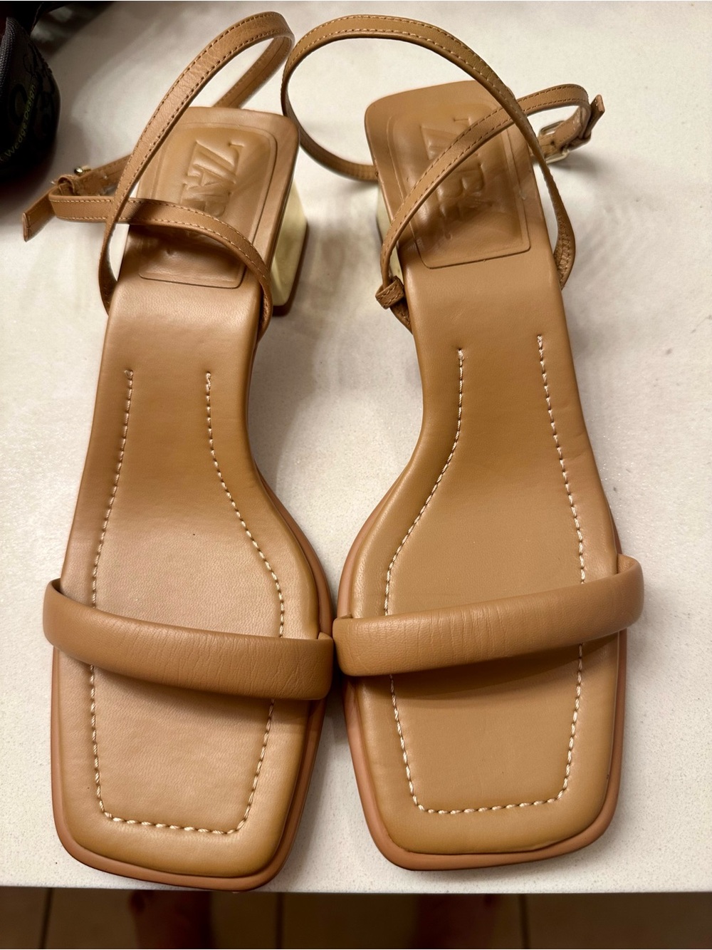 Woven-Look Tan Square-Toe Slingback Sandals